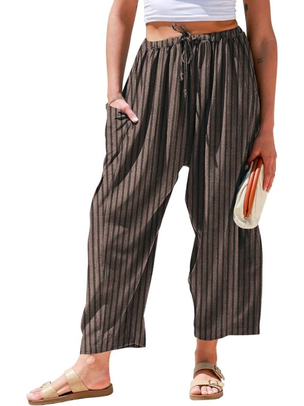 Wide Leg Linen Pants for Women - Casual Loose Baggy Palazzo Harem Pants with
